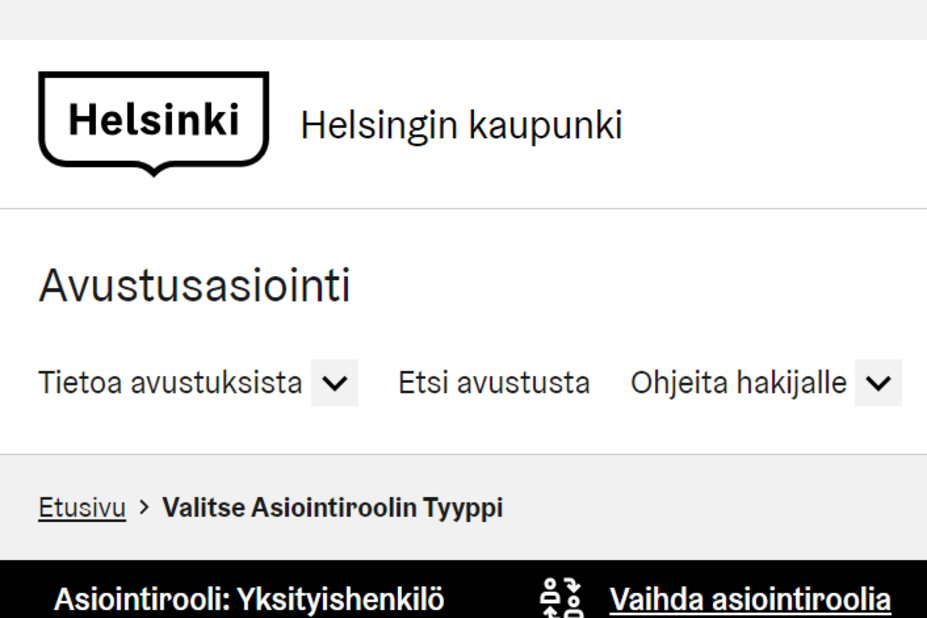 Kirjautumisen jälkeen valitaan asiointirooli. Asiointiroolin voit vaihtaa Vaihda asiointiroolia-kuvakkeesta. 