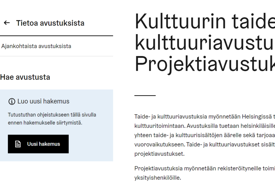 Tietoja avustuksista- tai Etsi avustusta -välilehdiltä pääset kunkin avustustyypin palvelusivulle. Palvelusivulta pääset täyttämään hakemusta.  