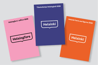 Kuvassa on kolme Tilastotietoa Helsingistä julkaisun suomen-, ruotsin- ja englanninkieliset kannet.