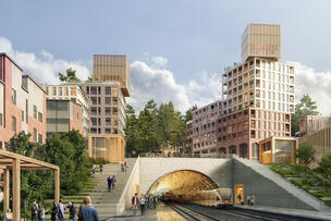 Uusia kerrostaloja Malminkartanon juna-aseman yläpuolella Kartanonmetsässä.