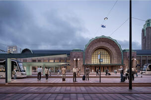 Havainnekuva ihmisistä raitiotiepysäkeillä rautatieaseman edessä.