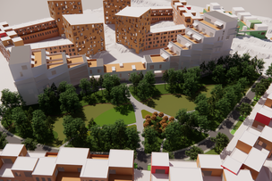 Havainnekuva näkymästä Haakoninlahdenpuiston pohjoisosaan idästä päin.