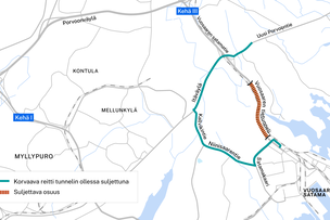 Tunnelin kiertoreitti kartalla.