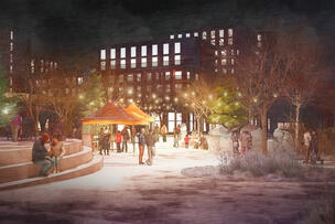 Digitaalisesti tehty kuva puistosta, jonka taustalla näkyy kerrostaloja.