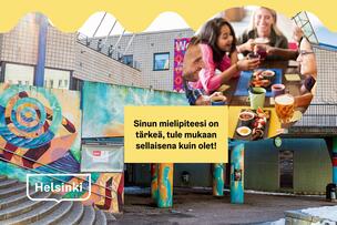 Kuvassa ihmisiä pöydän ääressä. Taustalla kuva Kanneltalosta. Etualalla kutsun teksti: "Sinun mielipiteesi on tärkeä, tule mukaan sellaisena kuin olet!".