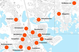Kartta kehitettävien torien sijainnista Helsingissä.