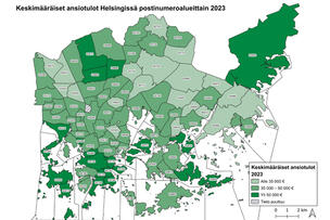 Karttakuvassa keskimääräiset ansiotulot Helsingissä postinumeroalueittain vuonna 2023