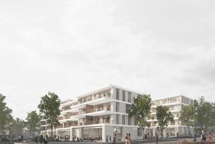 Ihmisiä kävelee kahden modernin asuinkerrostalon vieressä. Rakennusten pohjakerroksissa on liiketilaa.