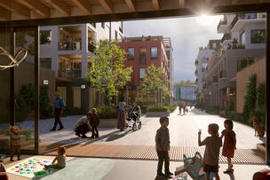 Havainnekuvassa ihmisiä aurinkoisessa katunäkymässä Vuosaaren Kulttuurikorttelissa.