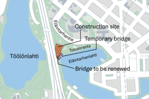 Map showing the construction site and the temporary bridge. 