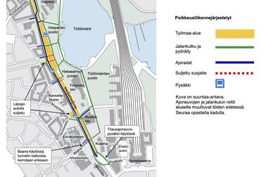 Liikennejärjestelyiden muutokset kartalla. 