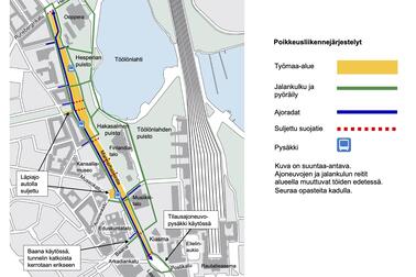 Kartta Mannerheimintien työmaan ensimmäisen vaiheen reiteistä maaliskuussa 2023.