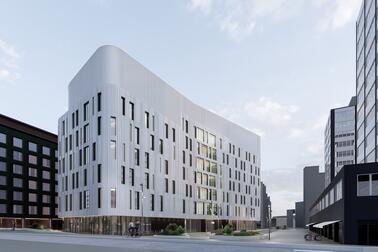 Kamppi Health and Well-being Centre  and two other buildings, street and sky