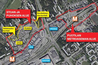 Helsingfors stad förbereder två ändringar av detaljplanen i de planeringsområden som är markerade med rött.  Bild: Helsingin kaupunki