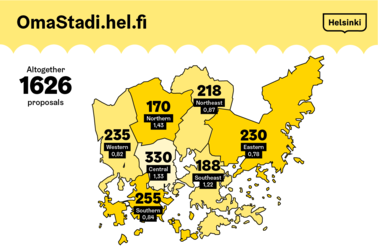 The number of OmaStadi proposals and proposals in relation to the population number on a map.  Photo: Helsinki City