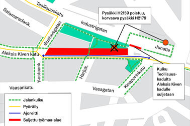 Työt alkavat Aleksis Kiven kadulta Kustaankadun ja Kinaporinkadun väliltä.