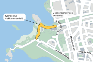 Byggarbetsplatsen för gatuentreprenaden på Sandstrandsvägen och omvägen för motorfordon.  Bild: Helsingin kaupunki