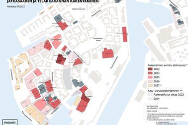 Karttaesitys Jätkäsaaren rakentamisaikatauluista.