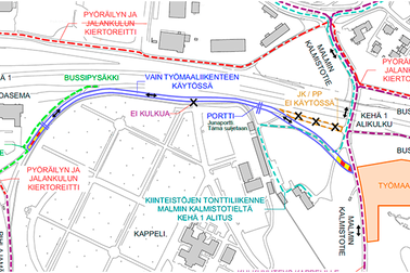 Vainajatilojen rakennustyöt vaikuttavat etenkin pyöräilyn ja jalankulun reitteihin hautausmaan Kehä I:n päässä. 