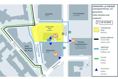 Esirakentamisen työmaa-alue ja poikkeusreitit viikosta 51 alkaen. Kuva: YIT
