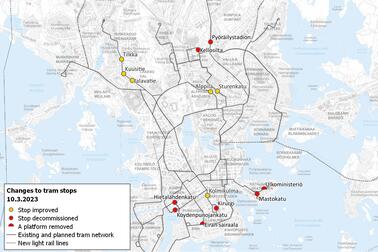 Tram stop arrangements on map.