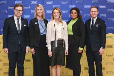 President of the European Parliament Roberta Metsola (centre) met with Helsinki Deputy Mayor Daniel Sazonov, Vantaa City Council Chair Sari Multala, Helsinki City Council Chair Fatim Diarra, and Espoo City Council Chair  Henrik Vuornos at the Helsinki City Hall. 