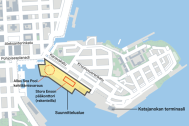 Eteläsataman itäosan suunnittelualue kartalla. Kuva: Helsingin kaupunki Kuva: Kuva: Helsingin kaupunki