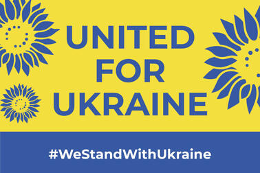 Blue sunflowers on a yellow background. In the middle text: United for Ukraine and #WeStandWithUkraine