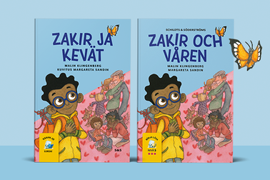 Zakir ja kevät and Zakir och våren -books on light blue background.