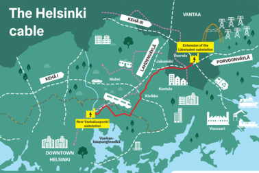 Map of cable route in Helsinki.