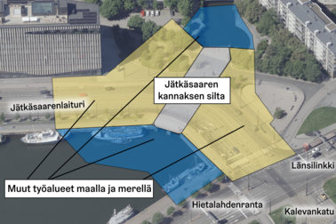 Jätkäsaaren kannaksen silta ja urakka-alue viistoilmakuvassa. 