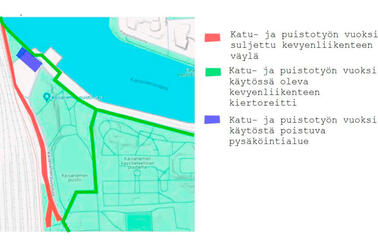 Kartta liikennejärjestelyistä Kaisaniemenpuistossa.
