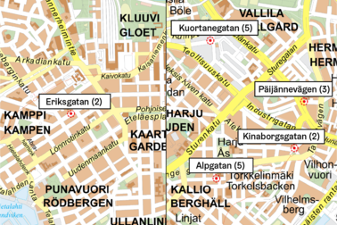 Gatorna som kommer att få nya planteringsområden. I parentes antalet parkeringsplatser som kommer att försvinna. Eriksgatan (2) Alpgatan (5) Kinaborgsgatan (2) Päijännevägen (3) Kuortanegatan (5)