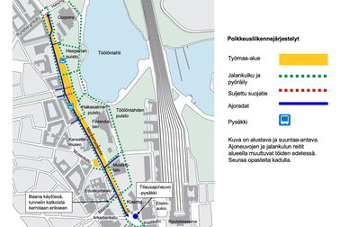 Työmaa-alue ja reitit sen ympäristössä.