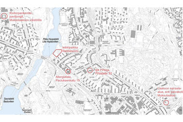 Allergiatalon  ja leikkipaikan sekä päiväkotien vanhojen ja nykyisten tilojen sijainnit kartalla. Kuva: Helsingin kaupunki