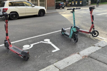 E-scooter parking space in Punavuori, Helsinki, in spring 2023. 