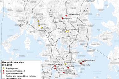 Tram stop arrangements on a map.