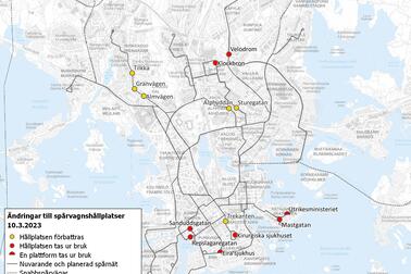 Kartan. Arrangemangen för spårvagnshållplatserna. 