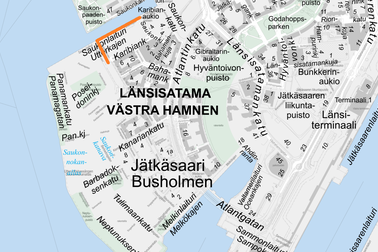 Rakennustyömaan sijainti Länsisatamassa.