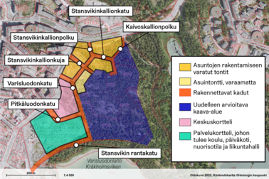 Kartta alueesta. Karttaan merkitty rakennettavat kadut, tontit ja uudelleen arvioitava kaava-alue.