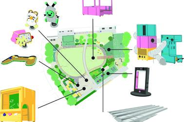 Leikkipuiston kartta, josta näkee, missä eri leikkivälineet sijaitsevat.