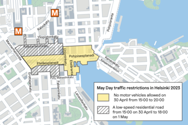 A map of the restrictions in central Helsinki on May Day Eve and May Day.