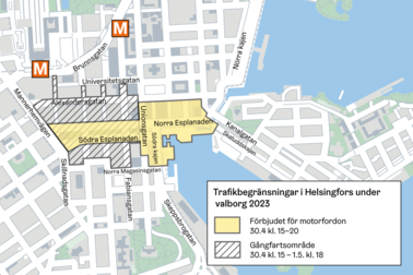 Karta över trafikbegränsningarna i Helsingfors centrum under valborg. 