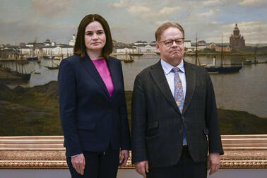 Belarusian opposition leader Sviatlana Tsikhanouskaya and Mayor of Helsinki Juhana Vartiainen.