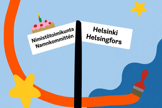 Värikäs kuvitus, jossa tienviitta teksteillä Nimistötoimikunta ja Helsinki.