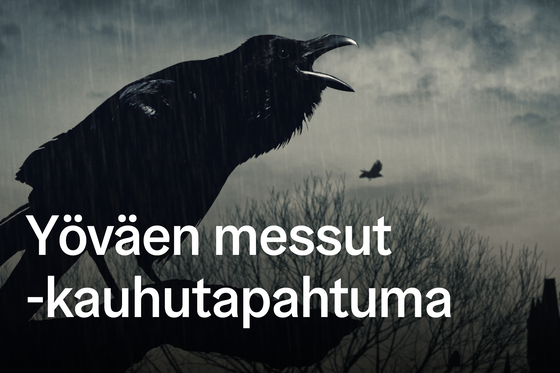 Musta korppi istuu harmaan ja tummanpuhuvan maiseman edessä.