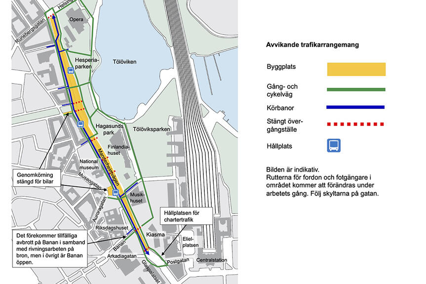 Byggplats och avvikande trafikarrangemang.