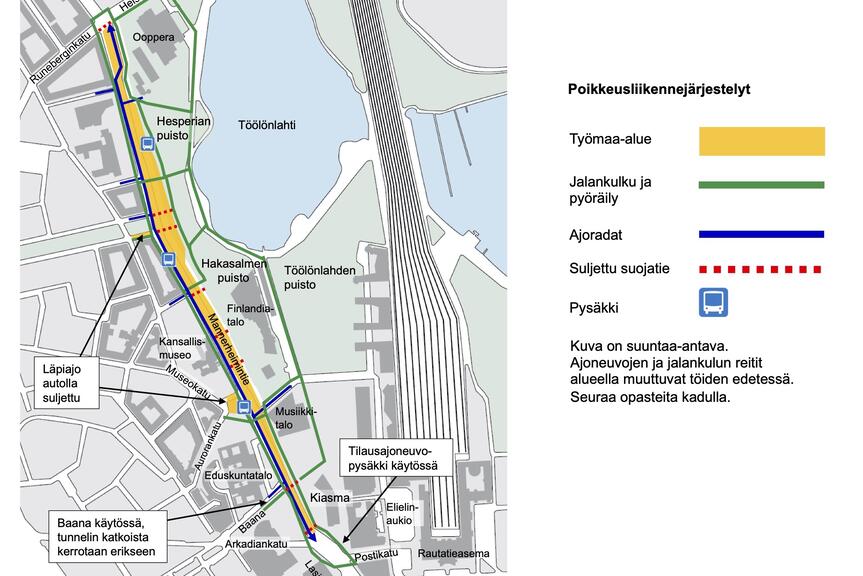 Kartta Mannerheimintien työmaan ensimmäisen vaiheen reiteistä maaliskuussa 2023.