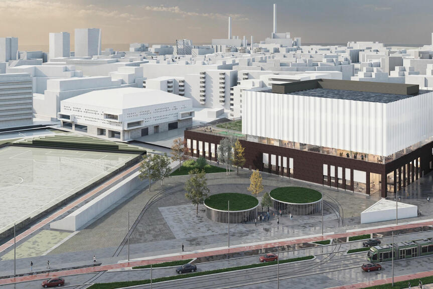 havainnekuva alustava rakennus ja urheilukenttä sen vieressä