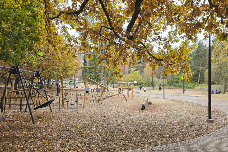 Puistossa on keinuja, kiipeilytelineitä ja muita leikkivälineitä. Puut ovat syksyn väreissä.